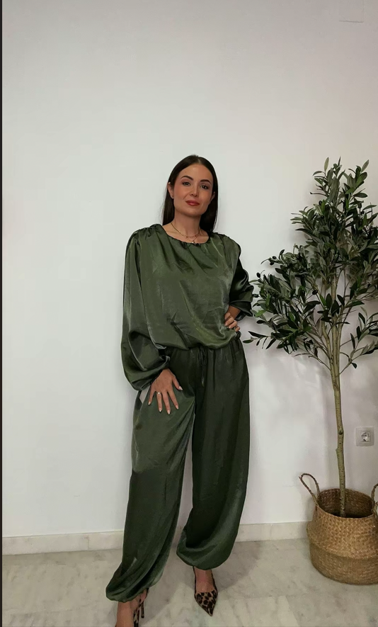 Pantalón globo satinado verde